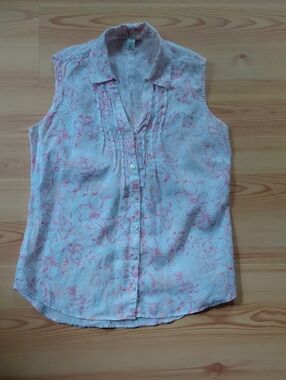 L.L. Bean 100% Linen Button-Down Top with Pink Floral Print